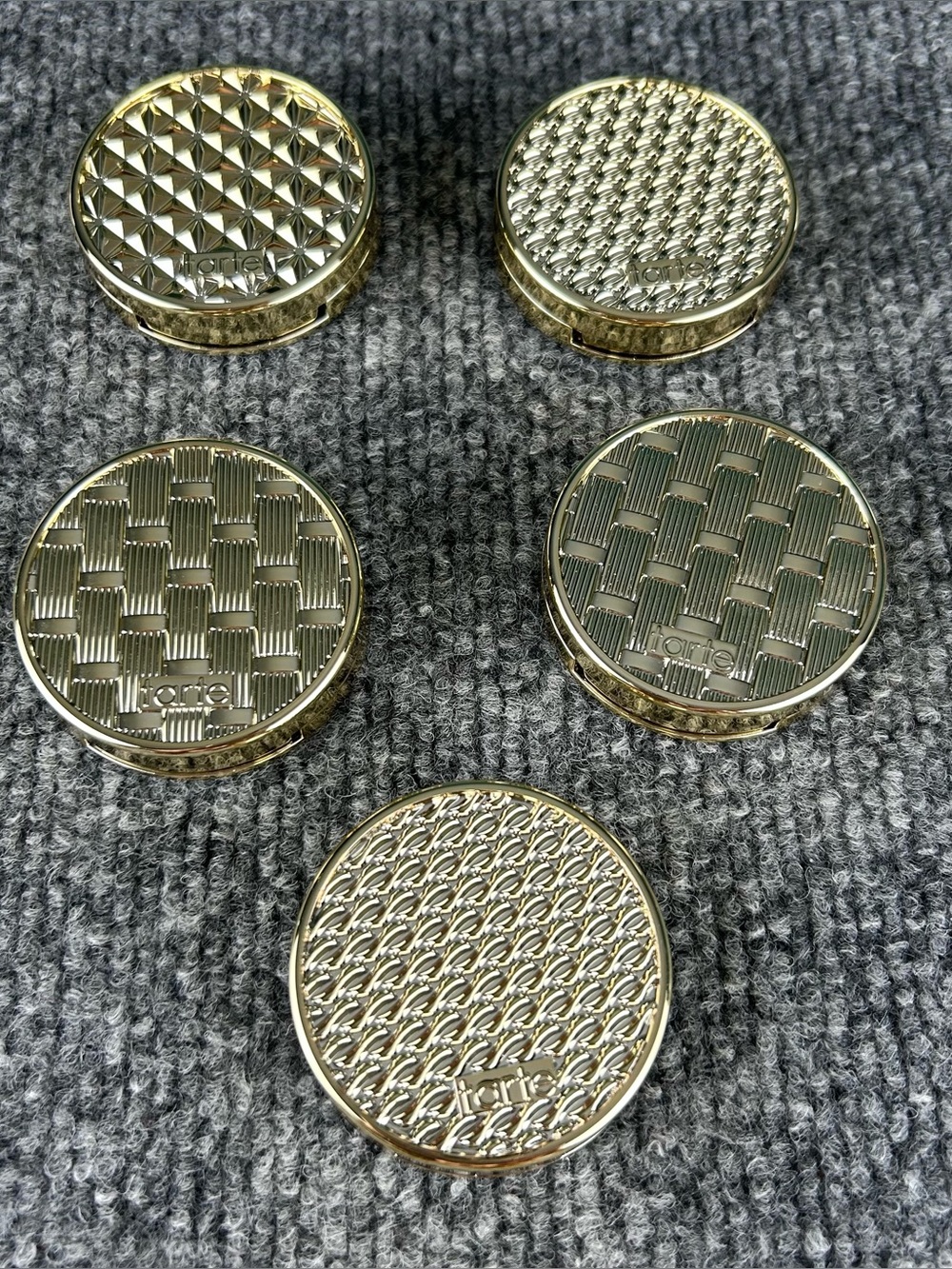 Tarte ~ Stay Golden Amazonian Clay Blush Set ~ 5 Gold Tone Decorative Compacts